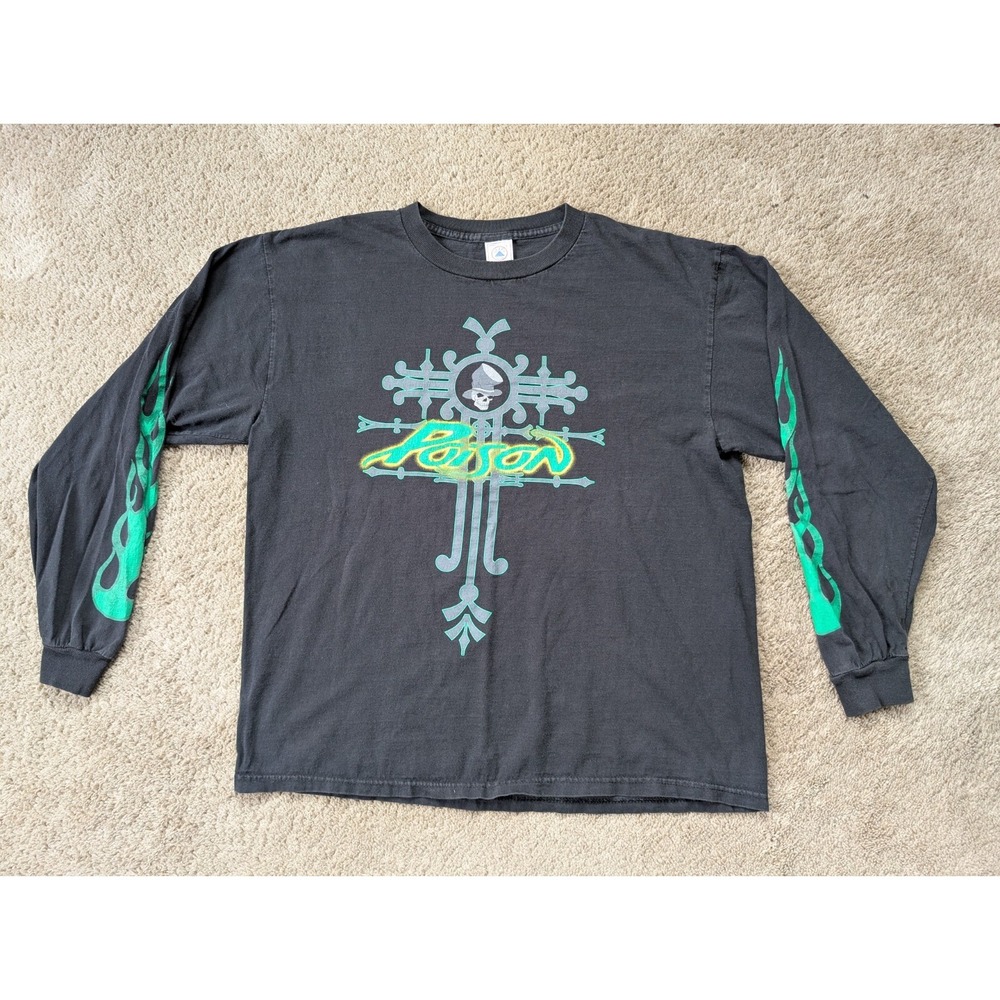 Vintage Poison Long‎ Sleeve Band Tee Mens Large Delta Tag Black Cross Flames
